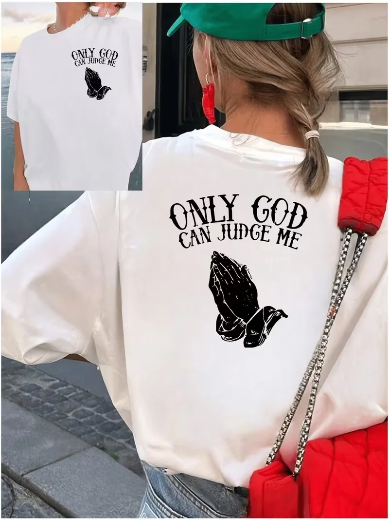 T-shirt imprimé pour femme « ONLY GOD CAN JUDGE ME », coupe ample, style streetwear décontracté, noir et blanc, manches courtes, respirant, idéal pour le quotidien