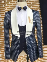 Elegant Polk Dot Suits Men For Wedding Shawl Lapel Jacket Vest Pants 3 Pieces Set Formal Party Groom Tuxedo Custom Made Clothing