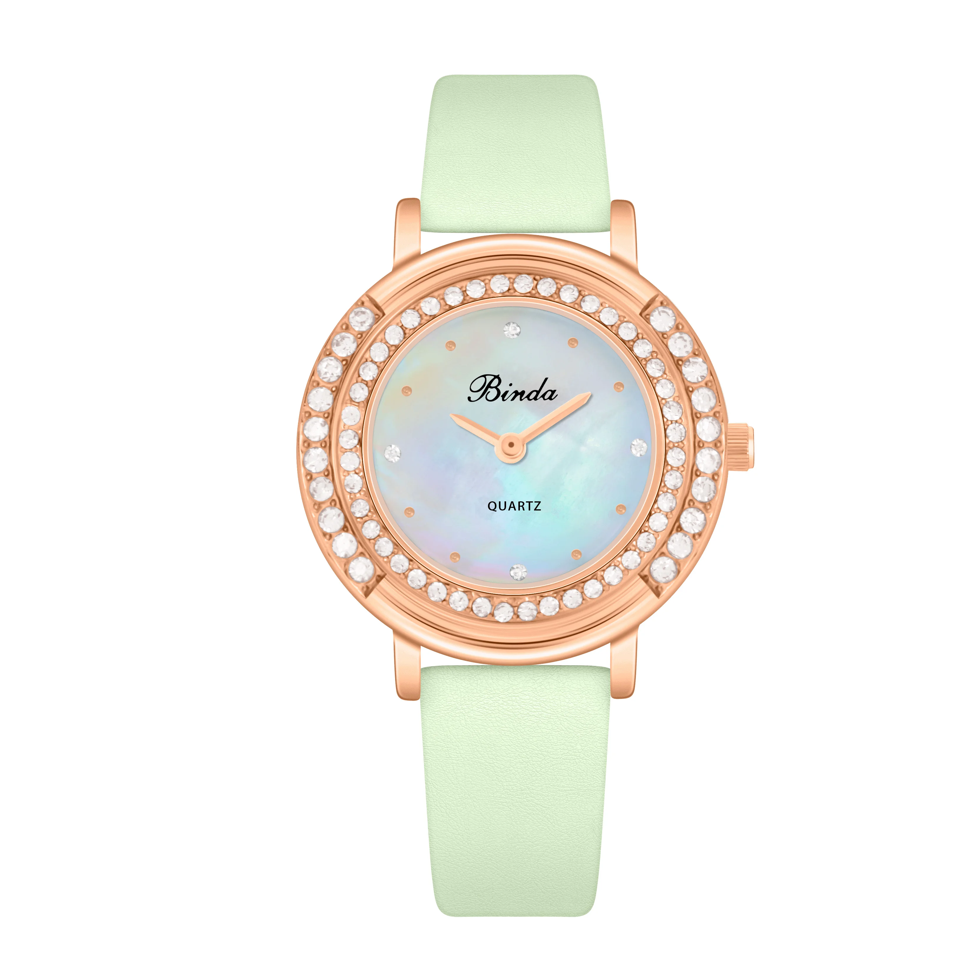 Binda Original Diamond Dial Women's Quartz Watch, Elegant Fashion Design with Leather Strap