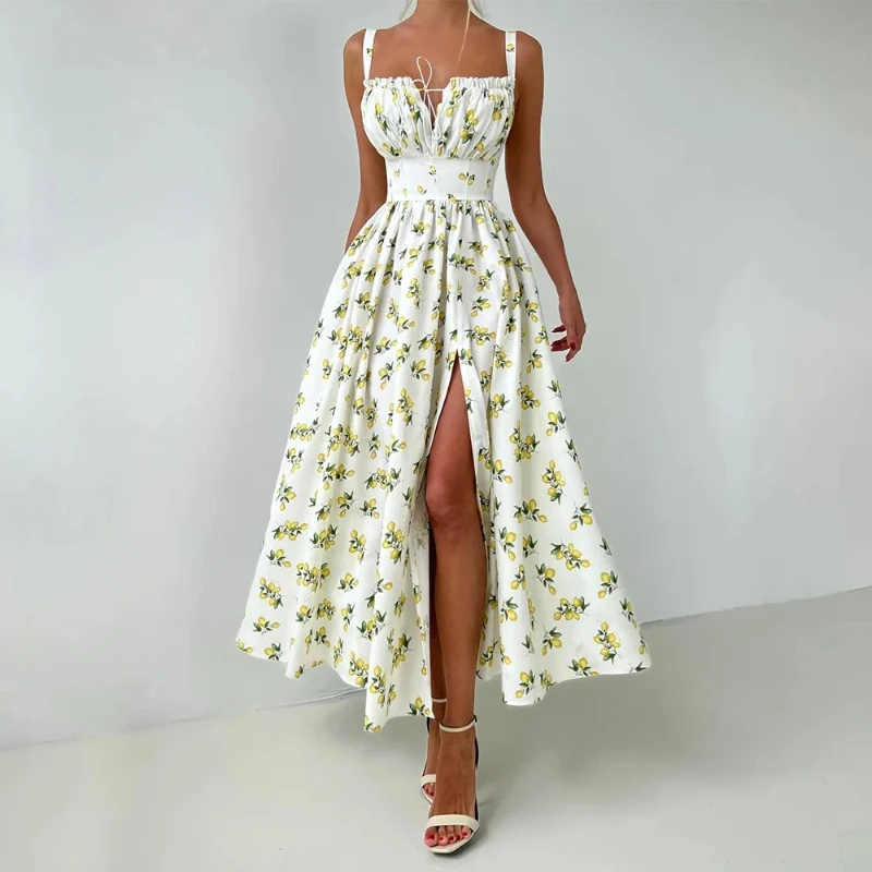 

Pure Cotton Camisole Dress 2025 Summer New Style Split Waist Drawstring Long Skirt Printed Dress