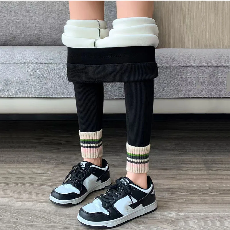 Leggings Women 2023 Winter Ribbed High Waist Slim Outer Wear Casual Pants Contrasting Colors Ankle-length Stretchy Pants Tights