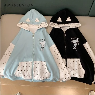 

Японская милая куртка с капюшоном и принтом в виде кошачьих ушек, весенняя новинка, свободный повседневный универсальный жакет на молнии в студенческом стиле для женщин