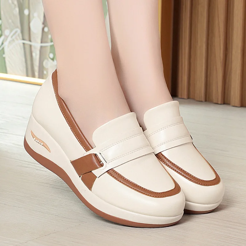 4.5cm Breathable Comfortable Mix Color Soft Leather Loafers Spring 2025 Med Heels Platform Wedges Shoes Driving Moccasins