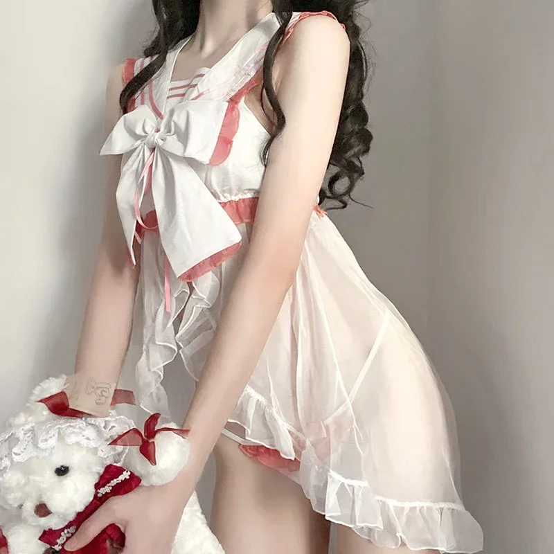 Bear House AA Lolita Cute Moon Sexy Net Yarn Transparent Front Open Bow Navy Sailor School Girl Underwear Studen New 2025 WKD001