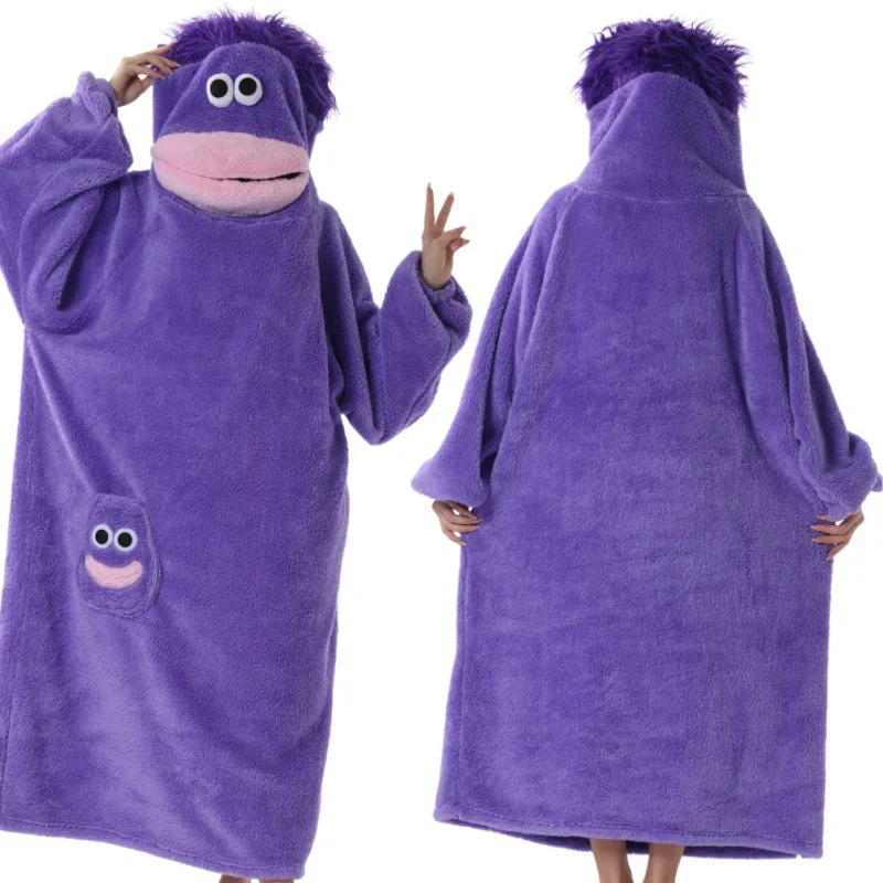 Cute Purple Big Mouth Monster Hooded Wearable Blanket Robe Soft Coral Fleece Winter Warm Loose Sleepwear Cartoon Home Loungewear