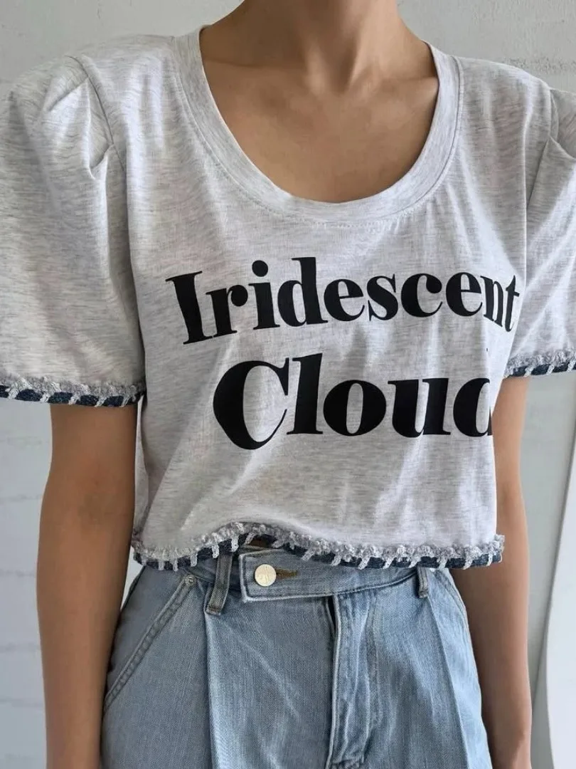 Cseta Informal Estilo Ins para Mujer, Nueva Cseta de Cuello Redondo y Manga Corta con Borde de Encaje y Estampado de Le...