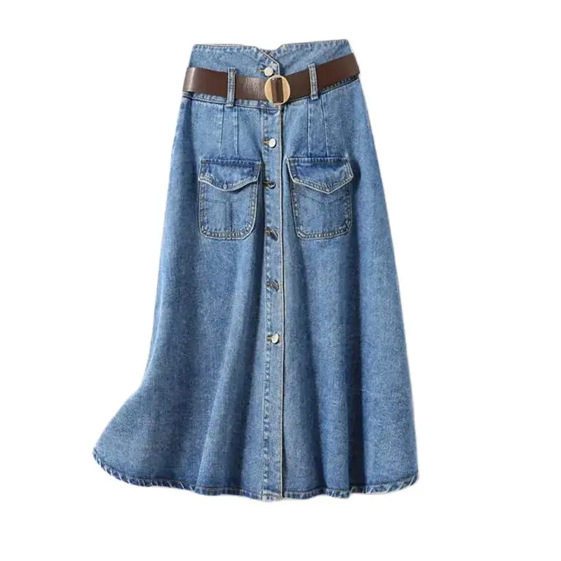 Single-Breasted Jeans Skirt Women Spring Autumn  Long A-Line Hip Skirt High Waist Fashion Gift A Belt Pocket Skirts Female