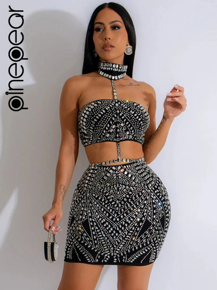 PinePear Luxury Crystal Party Dress for Women Bling Cut Out Choker Neck Rhinestone Crop Top and Mini Skirt Matching Set Clubwear