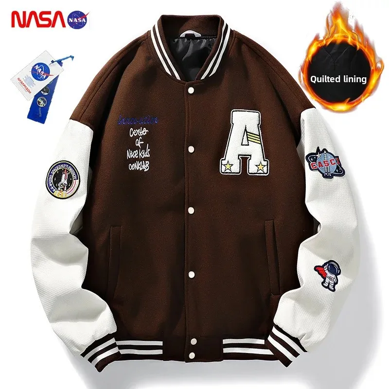 NASA Branded Plus Size Men's Fashion Jacket Winter Thickened Cotton Casual Style Loose Fit Baseball Uniform M-6XL