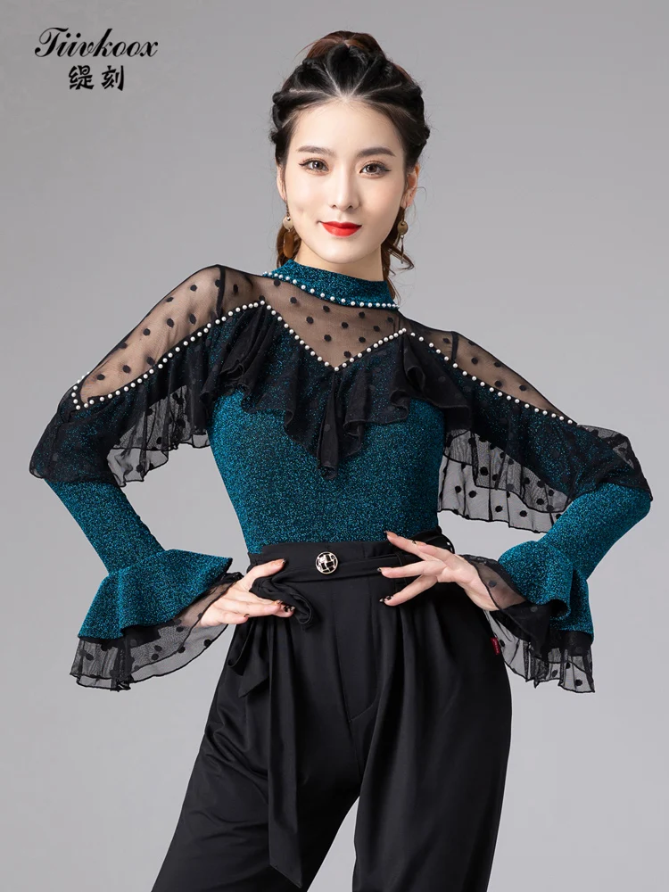 

Modern Dance Ballroom Dance Latin Top Women's New Ballroom Dance Waltz Lotus Leaf Long Sleeve Jumpsuit