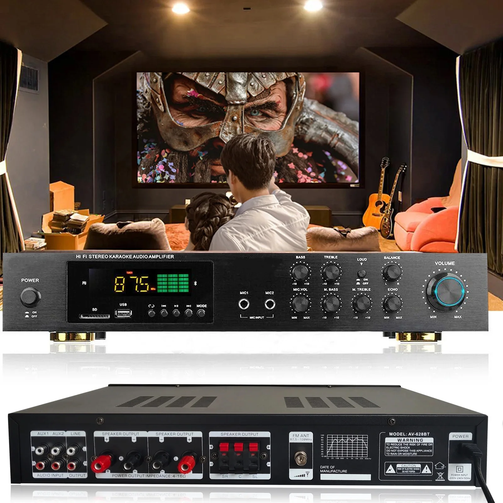 Image of Hi-Fi-Bluetooth-Verstärker für Heimkino, 600 W Leistung, 5.0 Bluetooth, UKW-Radio, USB/AUX/RCA-Eingänge, LED-Anzeigefeld