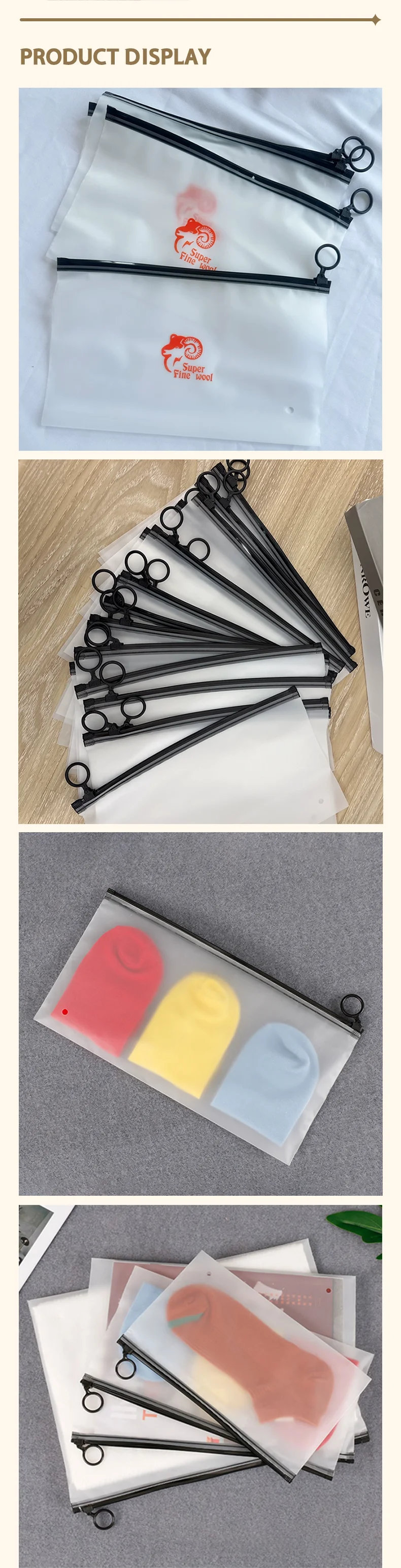 50 Stück Schwarze Reißverschlussbeutel mit Zugring, Mattierte Verpackungsbeutel für Socken, Unterwäsche, Badeanzüge, Perücken, mit Individueller Logodruckoption – Detail 4