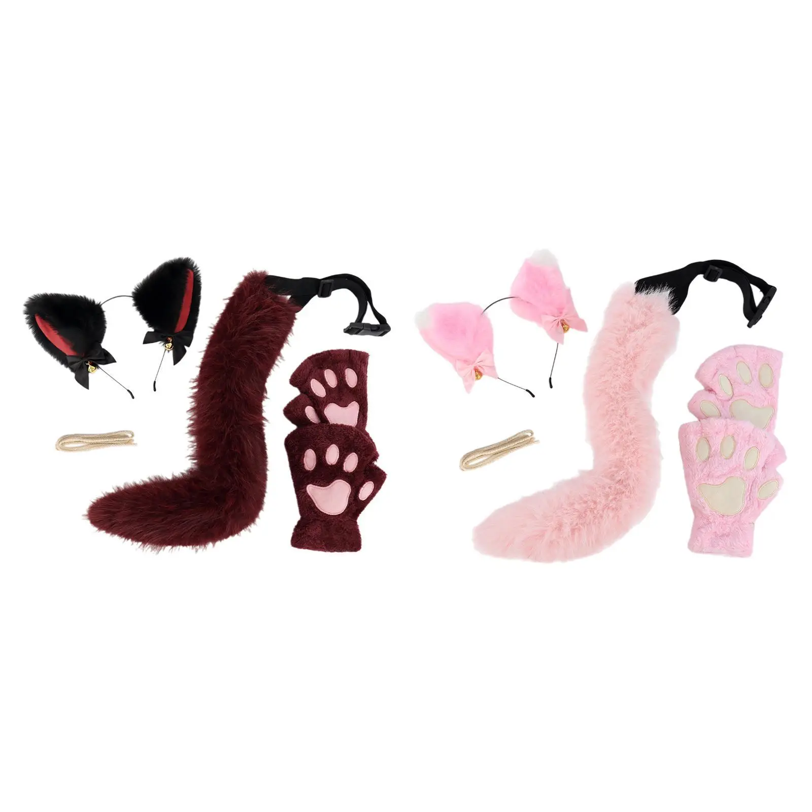 مجموعة آذان القطط والخفوف والذيل من القطيفة، إكسسوارات شعر لطيفة على شكل رباط شعر