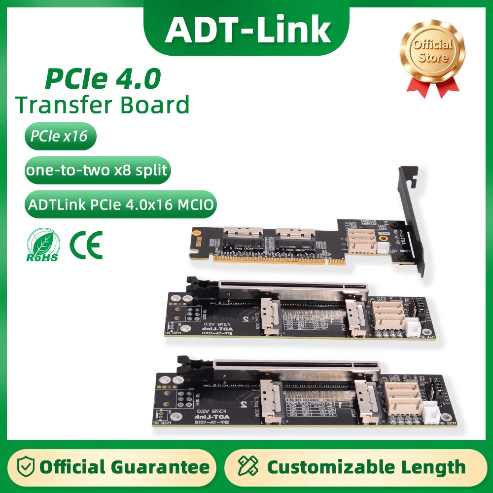 ADT-Link PCIe 4.0 x16 MCIO Graphics Card Split Cable Support One-to-Two x8 GEN4 Dual (Split into x8x8) Bifurcation Adapter Card