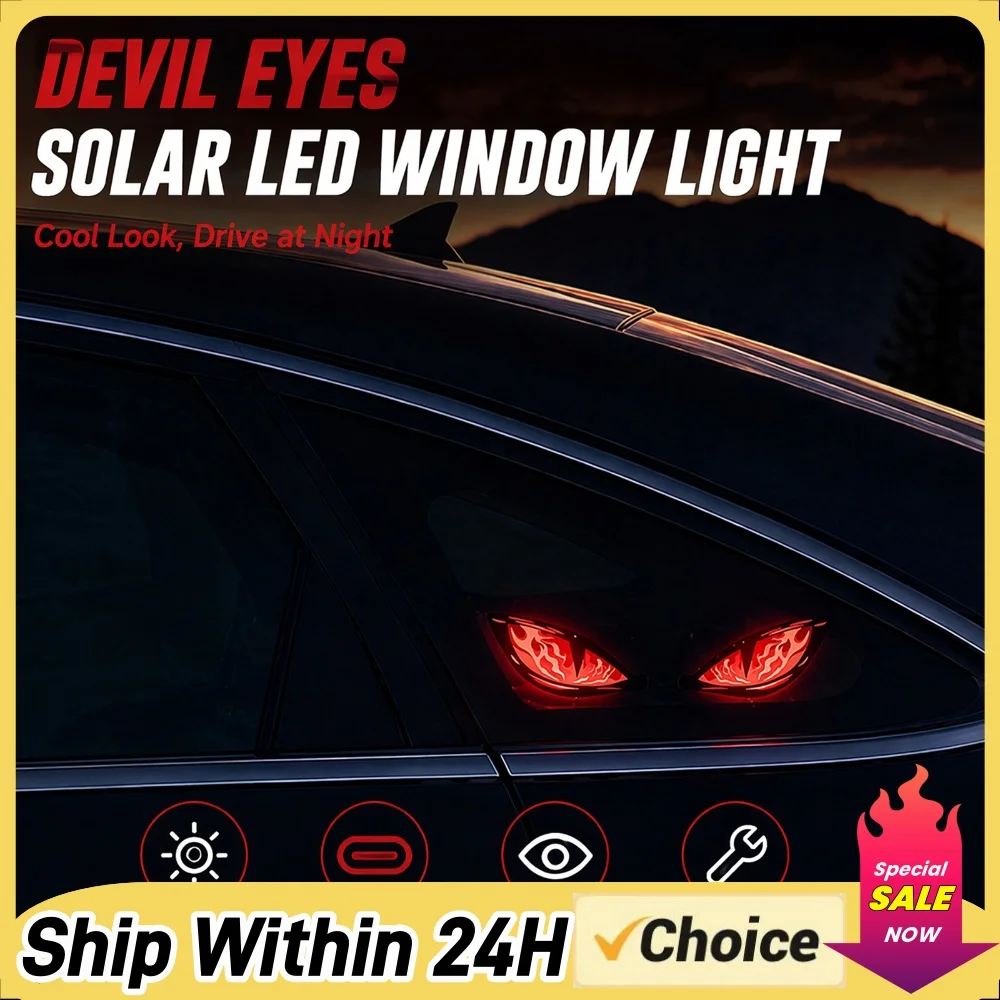 Solar Powered LED Car Warning Light No Drill Waterproof Devil Eyes Light Solar and USB Powered Dynamic Windshield Ambient Lamp