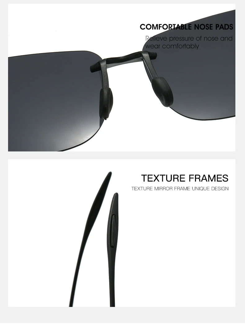 Neue ultraleichte, rahmenlose, farbenfrohe polarisierte Sonnenbrille für Männer und Frauen aus TR90-Material, geeignet für Freizeit und Urlaub, UV400. – Detail 8