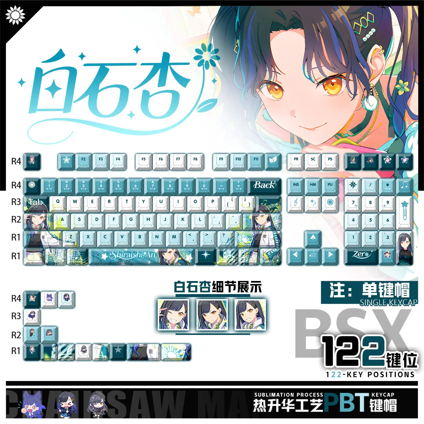 Shiraishi An 122 PBT Keycaps Project SEKAI DYE Sublimation Key Cover Cherry Cross MX Switch Key Caps for Mechanical Keyboard