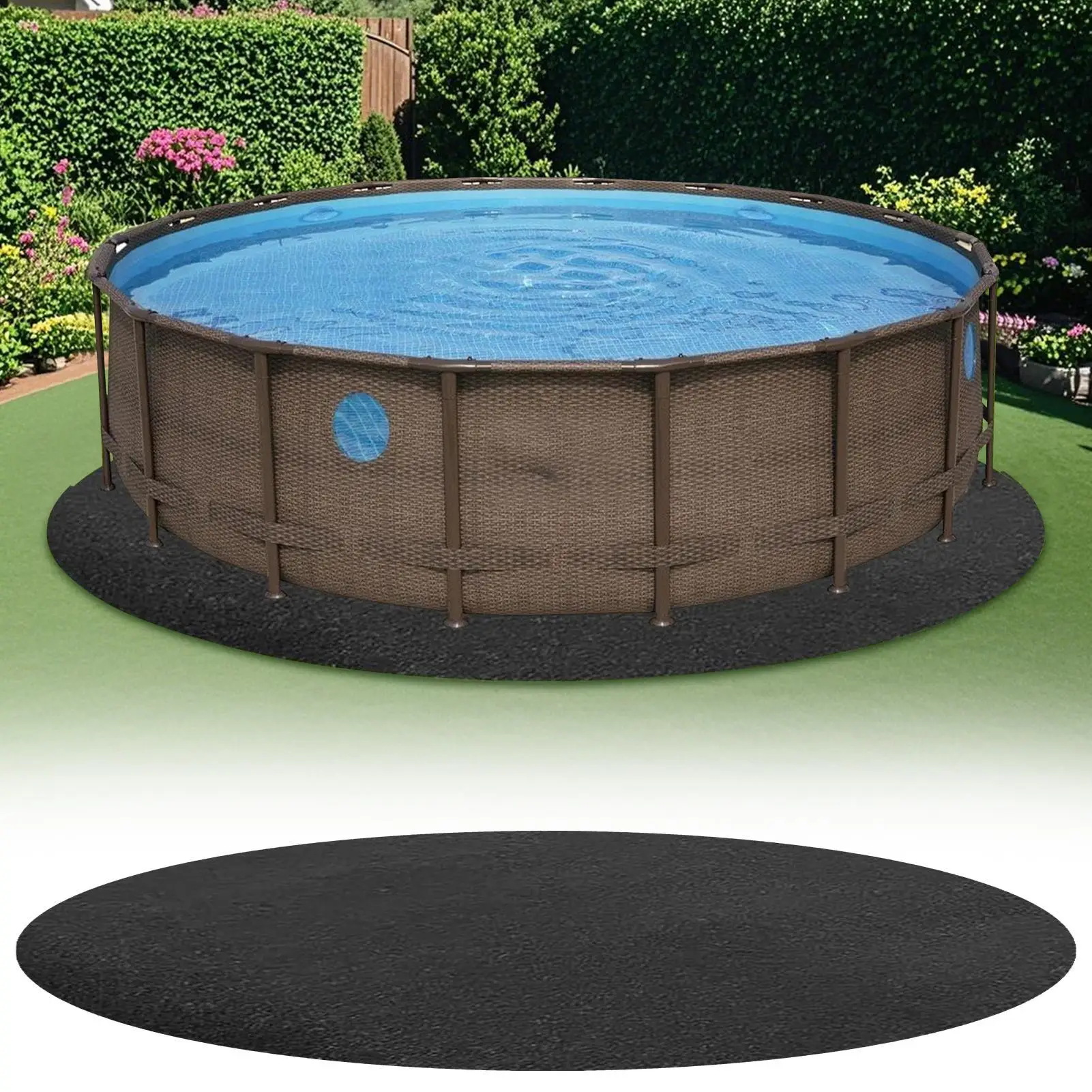 Alfombrilla Protectora Redonda para Piscina de 2.5/3.05/3.7cm, Negra, para Piscinas Elevadas o Enterradas, Interior y Exterior, Lona Resistente