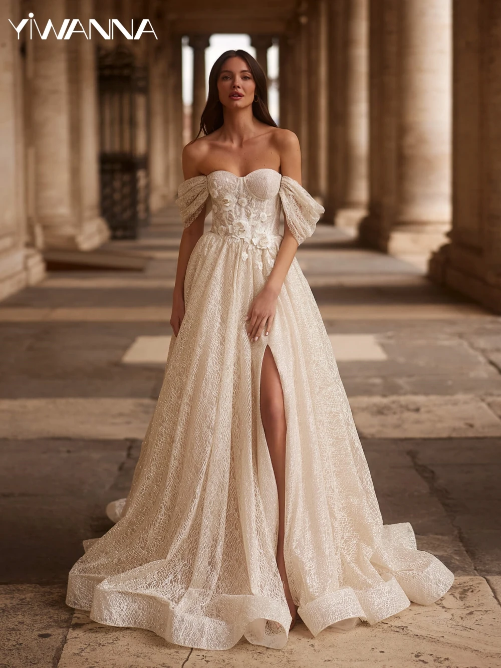 Abito da sposa con maniche staccabili Glitter A-line Abito da sposa lungo con fiori 3D Abito da sposa con scollo a cuore Abito da sposa personalizzato Robe De Mariée