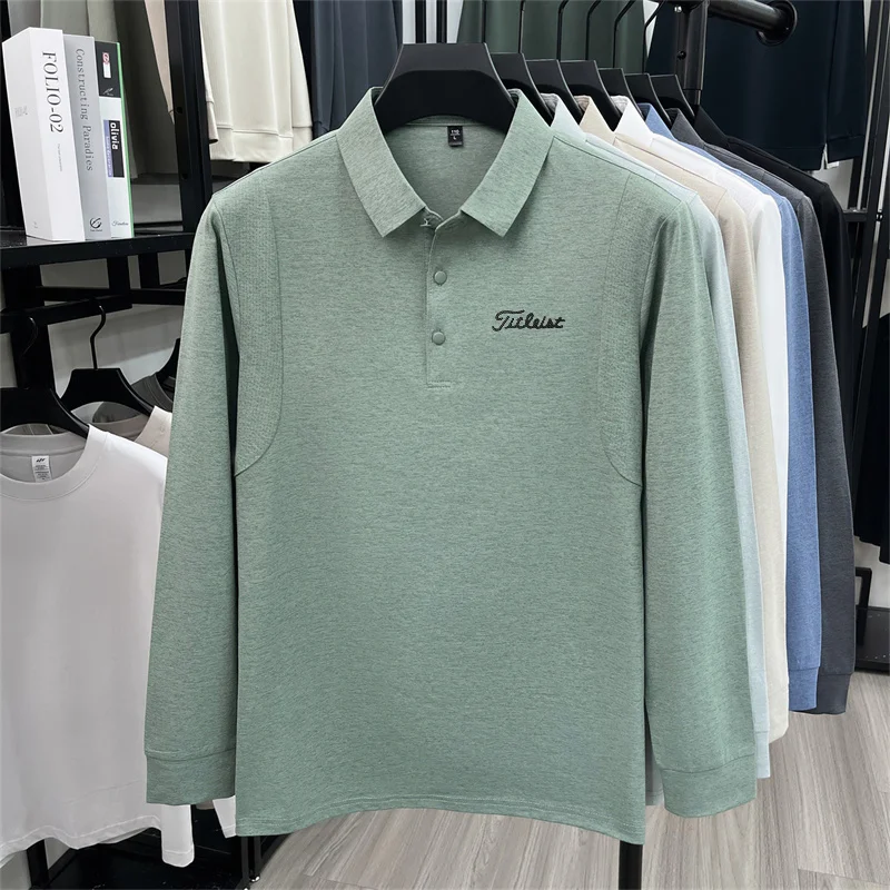 Original Herren Langarm-Poloshirt, schnelltrocknend, atmungsaktiv, mit Revers und Knöpfen, exquisiter Buchstabendruck, Herbst-Freizeit-Sportbekleidung für Herren – Detail 14