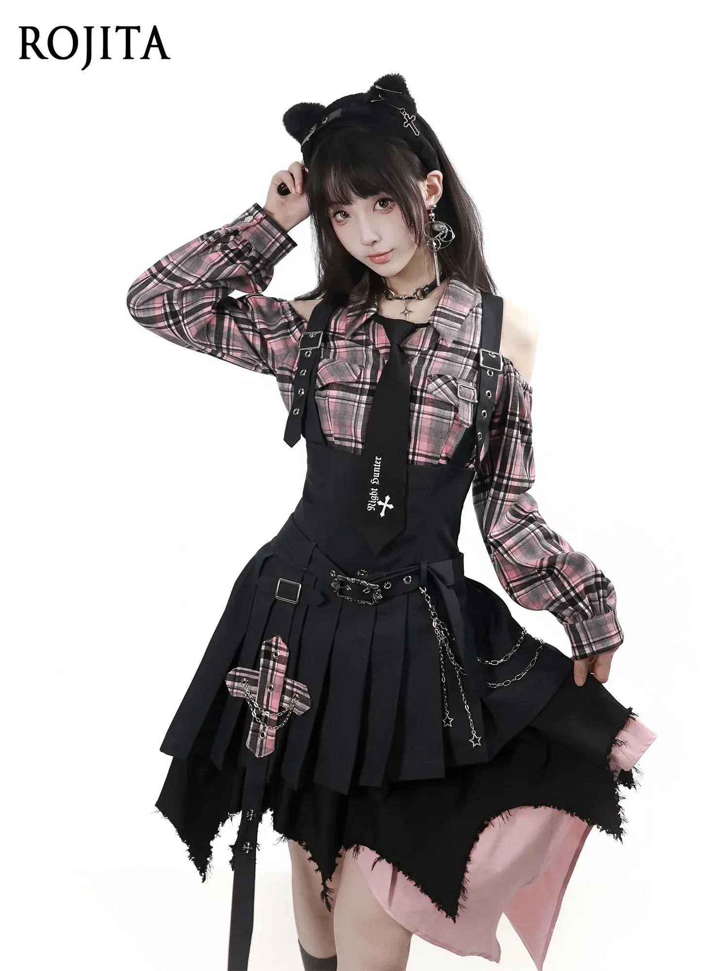 Gothic Cross Overall Dress Plaid Cross Patch Chain Decor Crisscross Straps Belted Irregular Frayed Hem Pleated Jumper Skirt