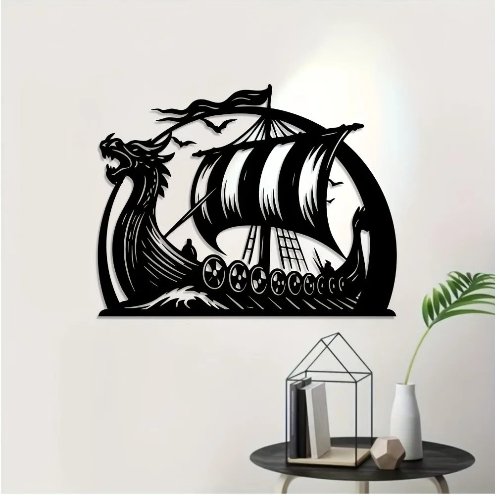 Viking Longship Metal Wall Sculpture - Rust-Resistant Norse Boat Art for Garden Fence, History Buff Christmas Gift
