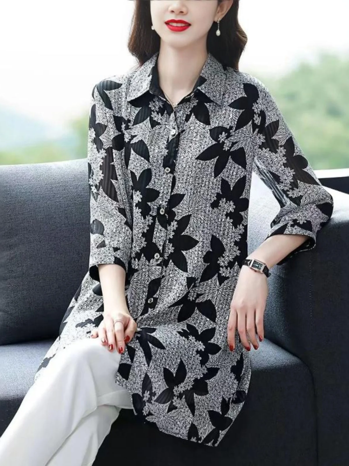 

Шикарные свободные утягивающие снежинки средней длины для мам, весна-лето, повседневные, с высокой талией, на пуговицах, в Корейском стиле, Long Sve