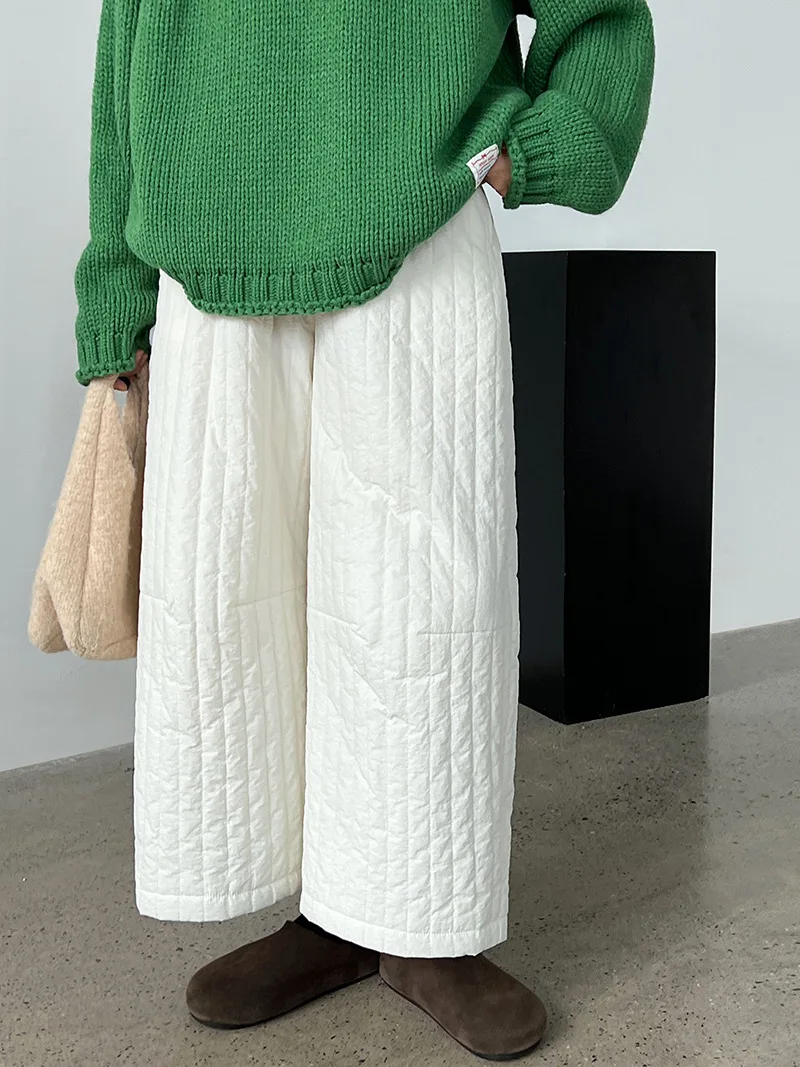 Korean Style Vertical Quilted Pants Women Warm Cotton Padded Straight-leg Cropped Trousers Cozy for Autumn Winter Daily Wear