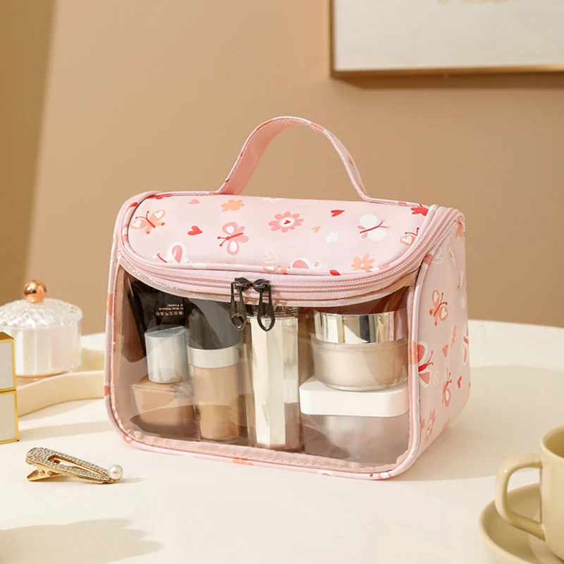 1Pc Flower Printed Makeup Bag Transparent PU Waterproof Portable Travel Cosmetic Pouch Cute Convenient Toiletries Bag for Women image 5