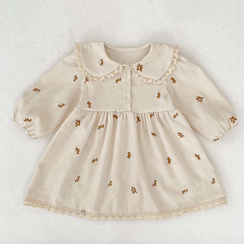 2026 Baby-Mädchen-Kleid mit langen Ärmeln, koreanischer Stil, Kragen, Spitze, Blumenstickerei, Baumwolle, Kleinkind-Prinzessinnenkleid, Herbst-Kinderkleidung – Detail 2