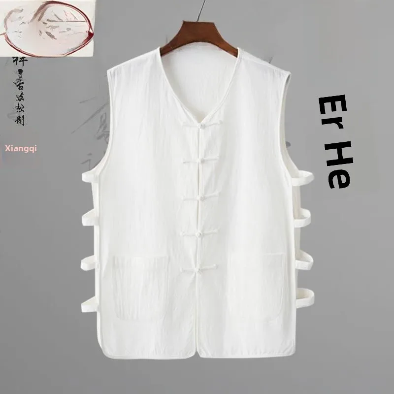 Lightweight Hemp Cotton Vest Men's Button-Up Chinese Style Top V-Neck Sleeveless Standard Fit Daily Wear Beijing Shoulder Pad