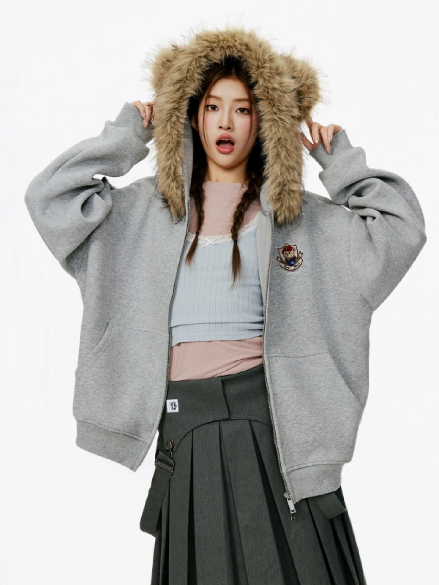 

Съемная пушистая толстовка с большим воротником, унисекс, осень-зима, новая, на молнии, свободный крой, с мехом, повседневная, из хлопка и полиэстера