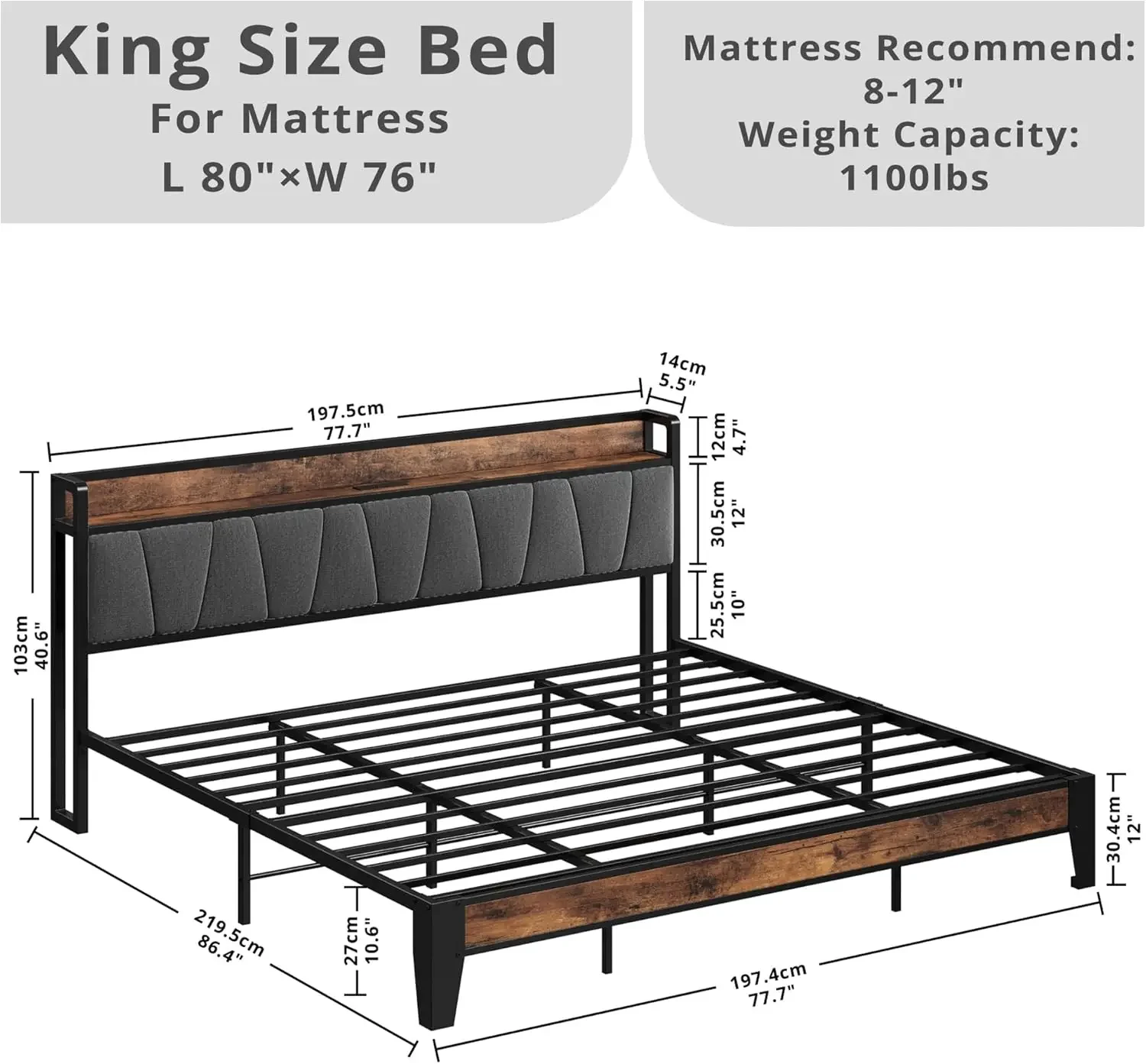 King Size Bed Frame, Storage Headboard with Charging Station, Solid and Stable, Noise Free, No Box Spring Needed, Easy