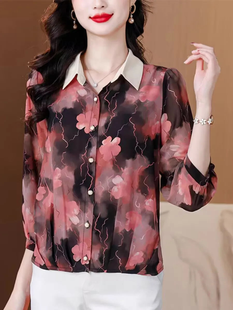 2025 ثلاثة أرباع أنيقة الربيع الصيف امرأة بلوزة بلايز أنثى رفض طوق الشيفون فضفاض مكتب الحلو الزهور المطبوعة