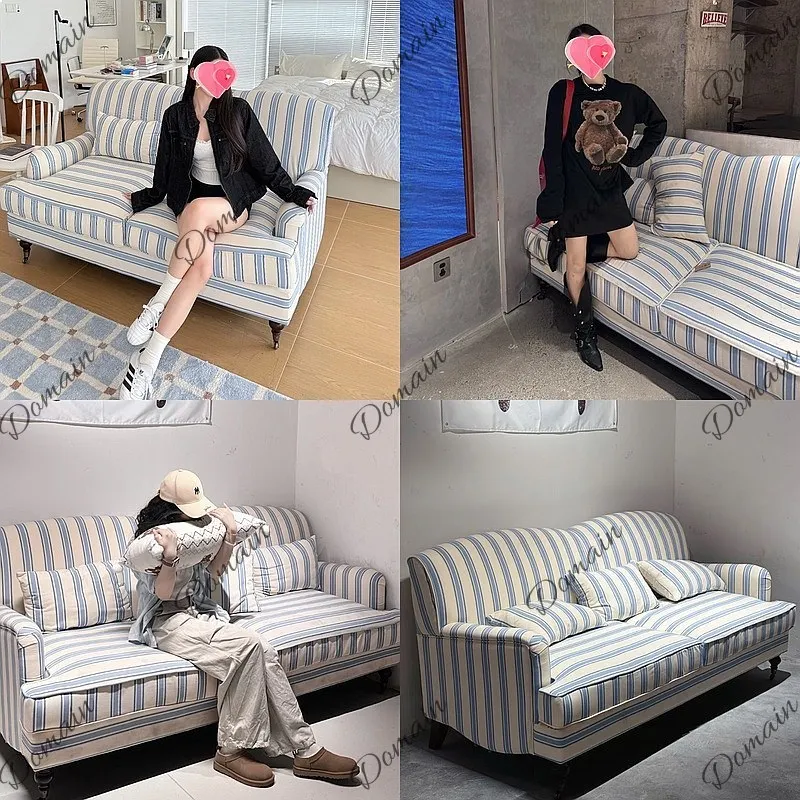 American retro blue and white striped fabric sofa straight row pastoral double triple bed and breakfast shop photography