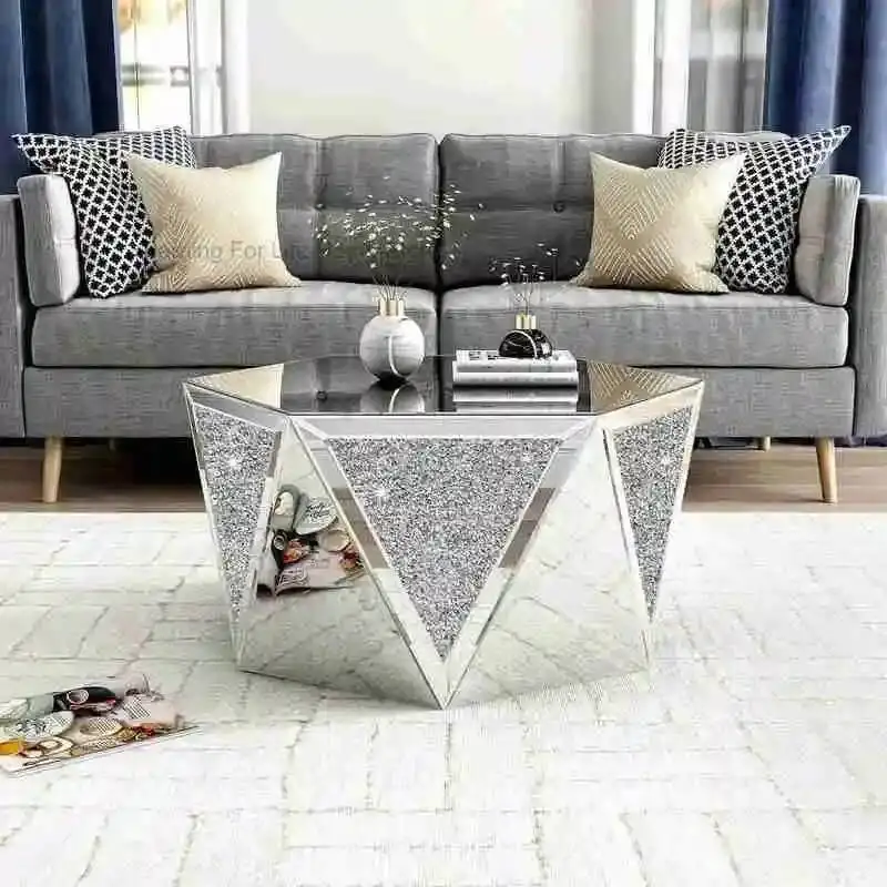 Drum CX003AC Coffee Table Mirrored with Crystal Inlay, Hexagon Silver Accent Table, Modern Design Luxury Contemporary Furniture