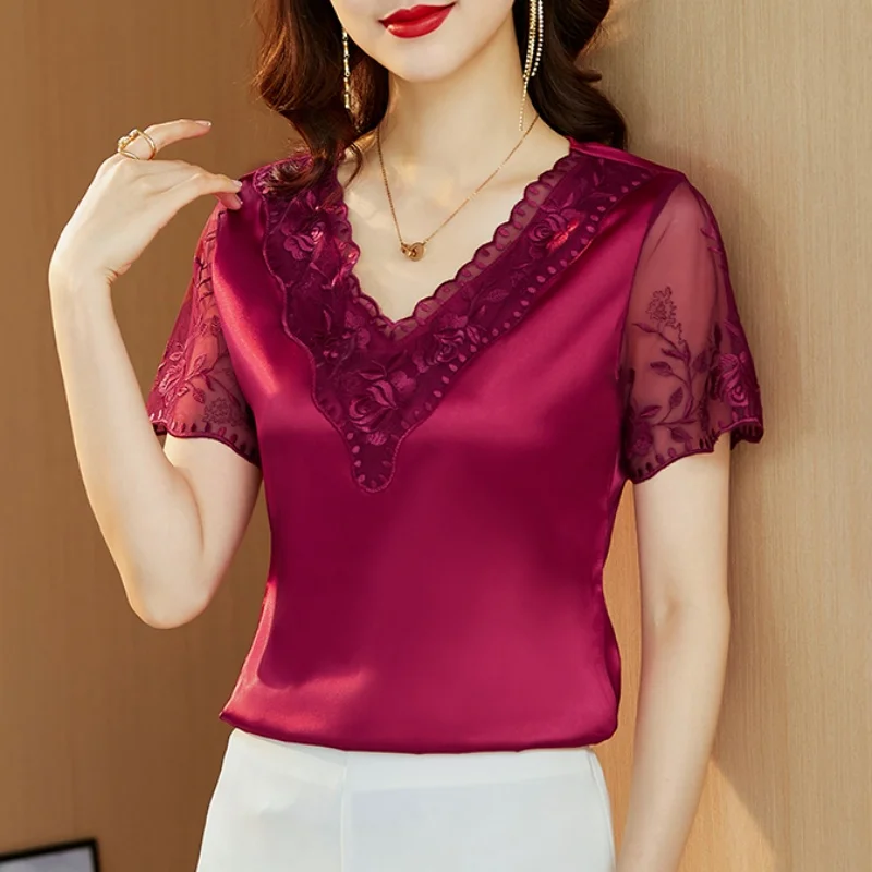 2024 Summer New Fashion Short Sleeve Satin Lace Shirt and Blouse Stitching Embroidery Tops Elegant Youth Women\'s Clothing 19128