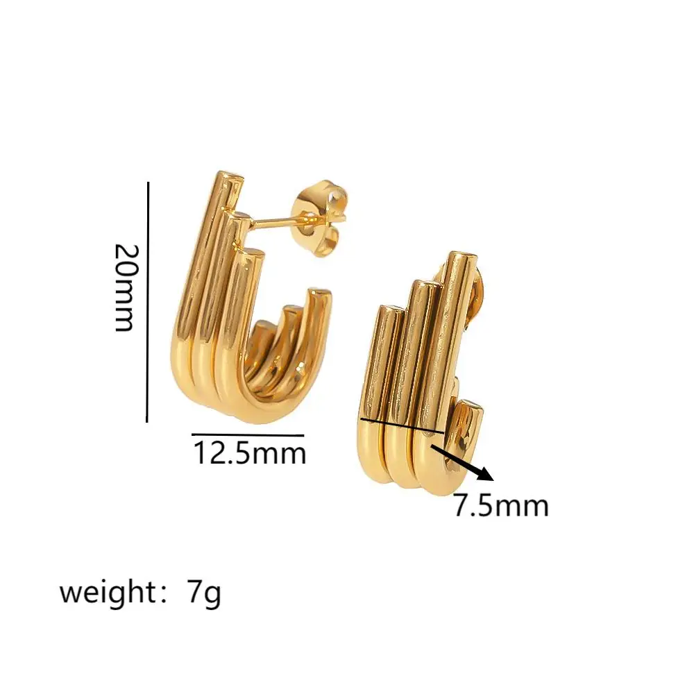 Klobige Dreifach-Creolen, 18K vergoldet, Edelstahl, feiner Schmuck, minimalistische, auffällige dreilagige Ohrringe für Damen – Detail 6