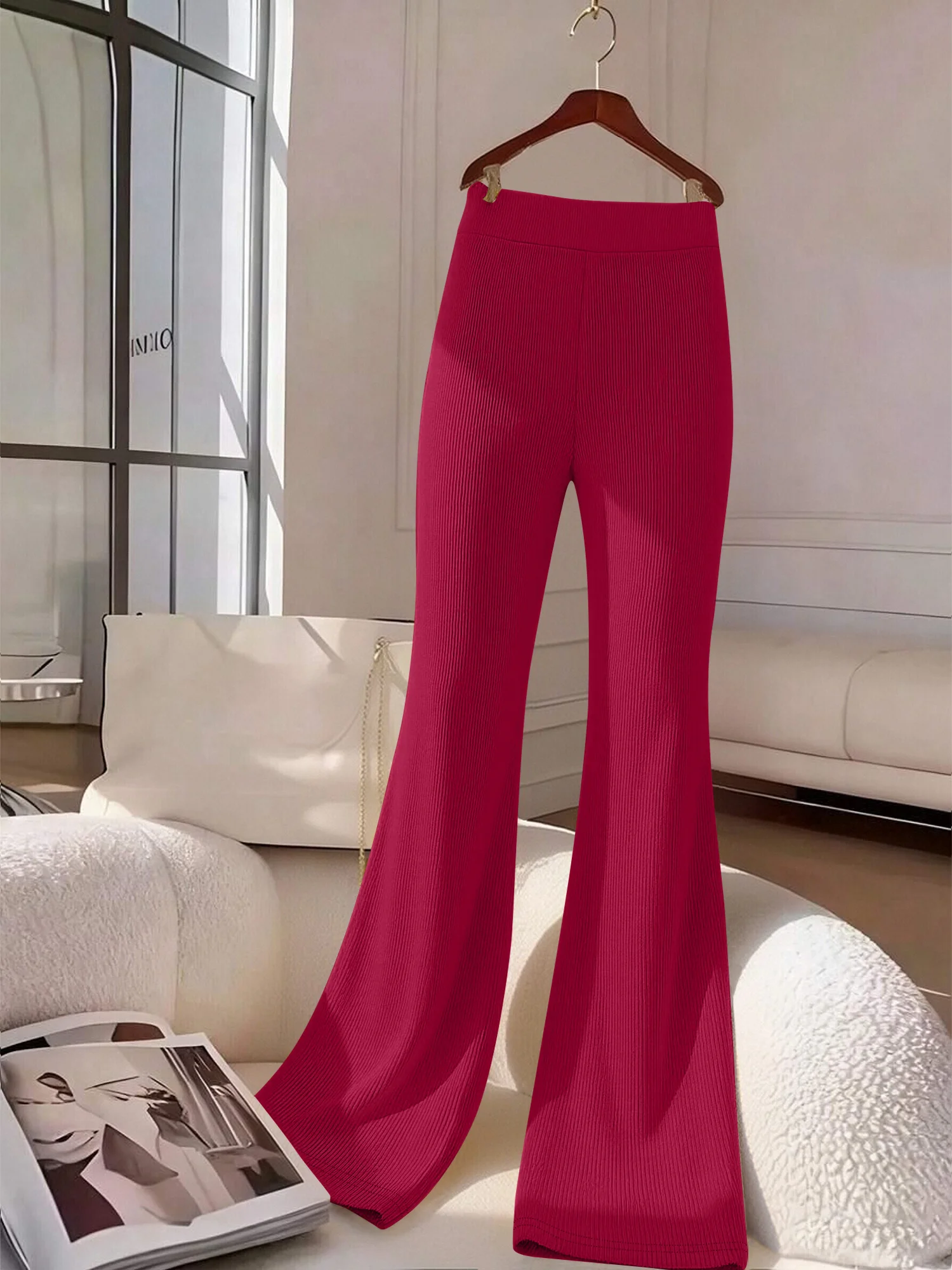 Office Chic Women Ribbed Flared Long Pants, High Waist Solid Stretch Knit Pants, Versatile Bottoms for Work and Weekend Relax