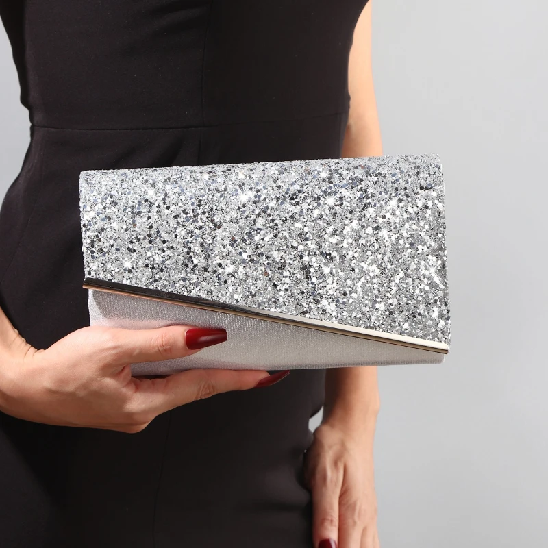 Flap Bag Envelope - Gümüş Simli Zarf Çanta Bayan Düğün