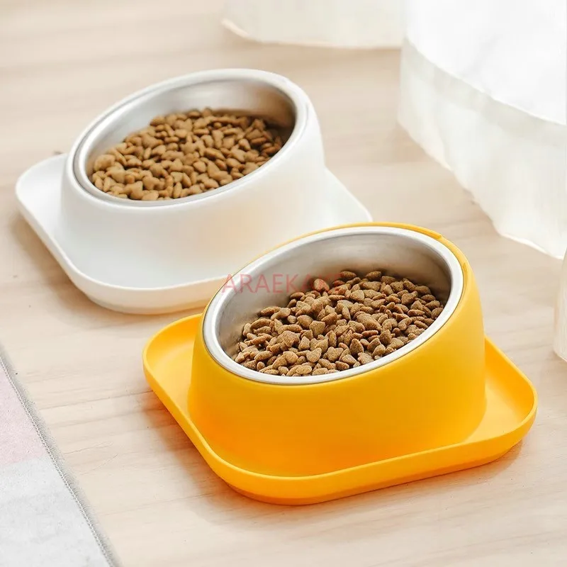 1pcs Slanted mouth cat bowl, dog food bowl, anti knock stainless steel bowl, water drinking integrated rice bowl