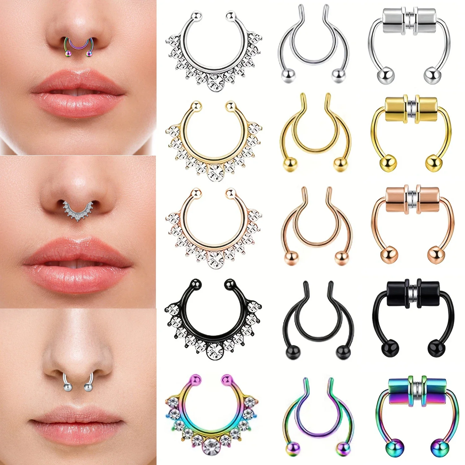 3Pcs Fake Nose Ring Magnetic Septum Ring Fake Nose Hoop Stainless Steel Horseshoe Clip On Nose Septum Ring Non Piercing Clip view 5
