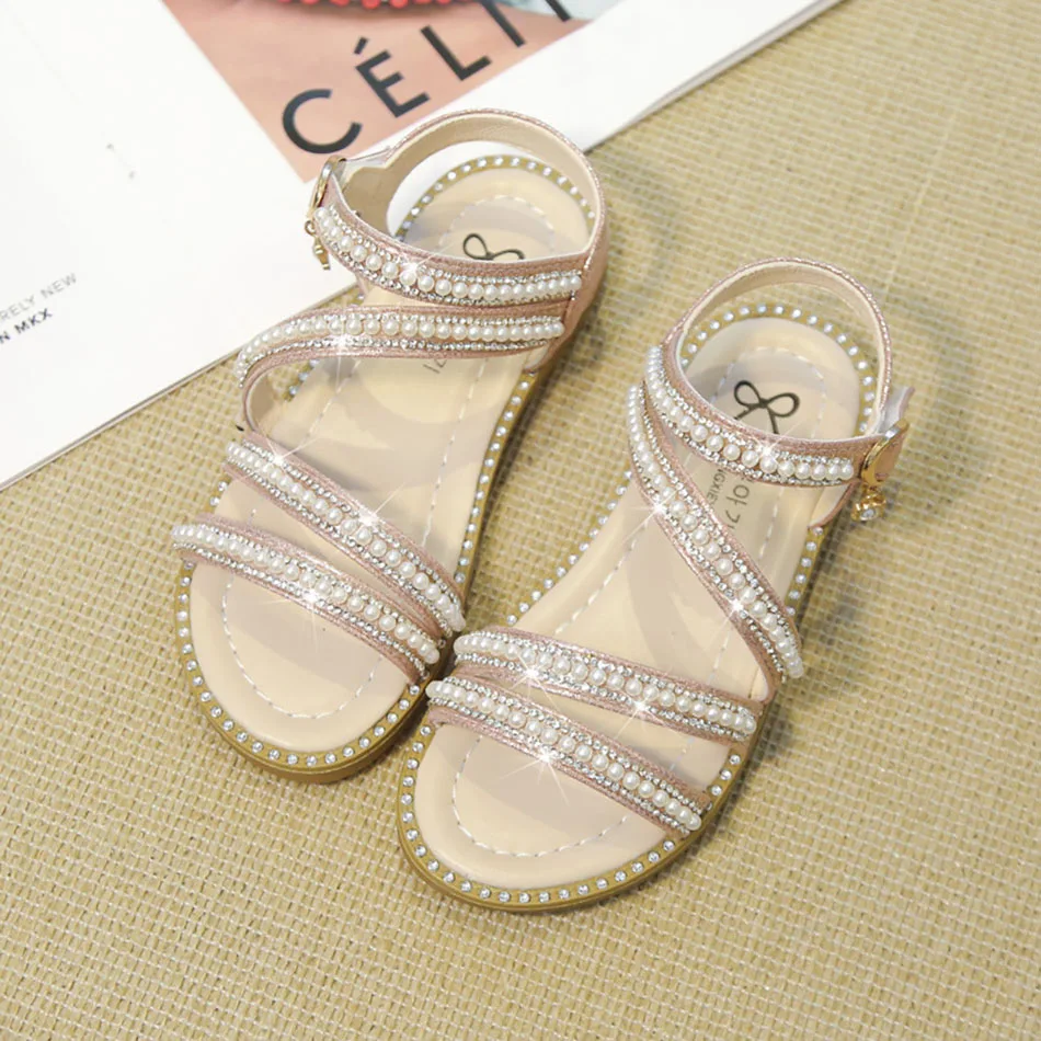 

Elegant Girls' Open Toe Sandals With Pearls Designed For Summer Performances Available In Multiple Sizes For Little To Big Kids