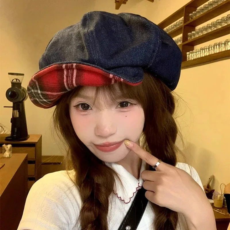 

Cute College Style Contrasting Color Plaid Newsboy Hats Women Summer Autumn Casual Versatile Retro Denim Berets
