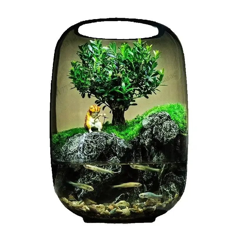 Desktop Mini Glass Aquarium With LED Light, Moss Micro Landscape Terrarium For Modern Indoor Home Decoration