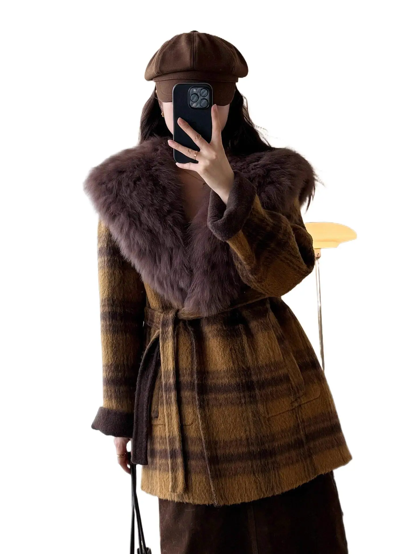 Korean retro checkered double-sided super large fox fur collar fur double-sided woolen coat, mid-length coat for women
