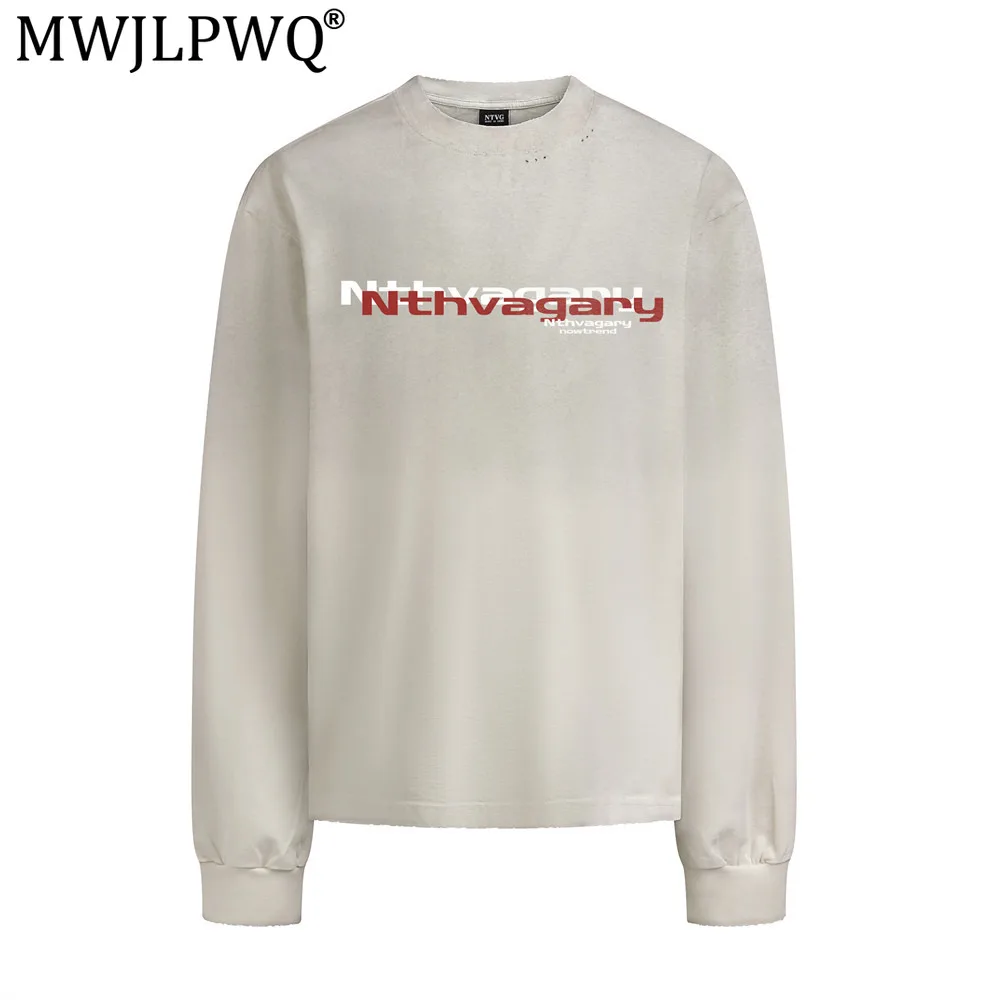 MWJLPWQ Heavy Weight Letter Print Long-Sleeve T-Shirt Loose Fit Distressed Stained Round Neck Men's Cotton Tops Trendy 21121