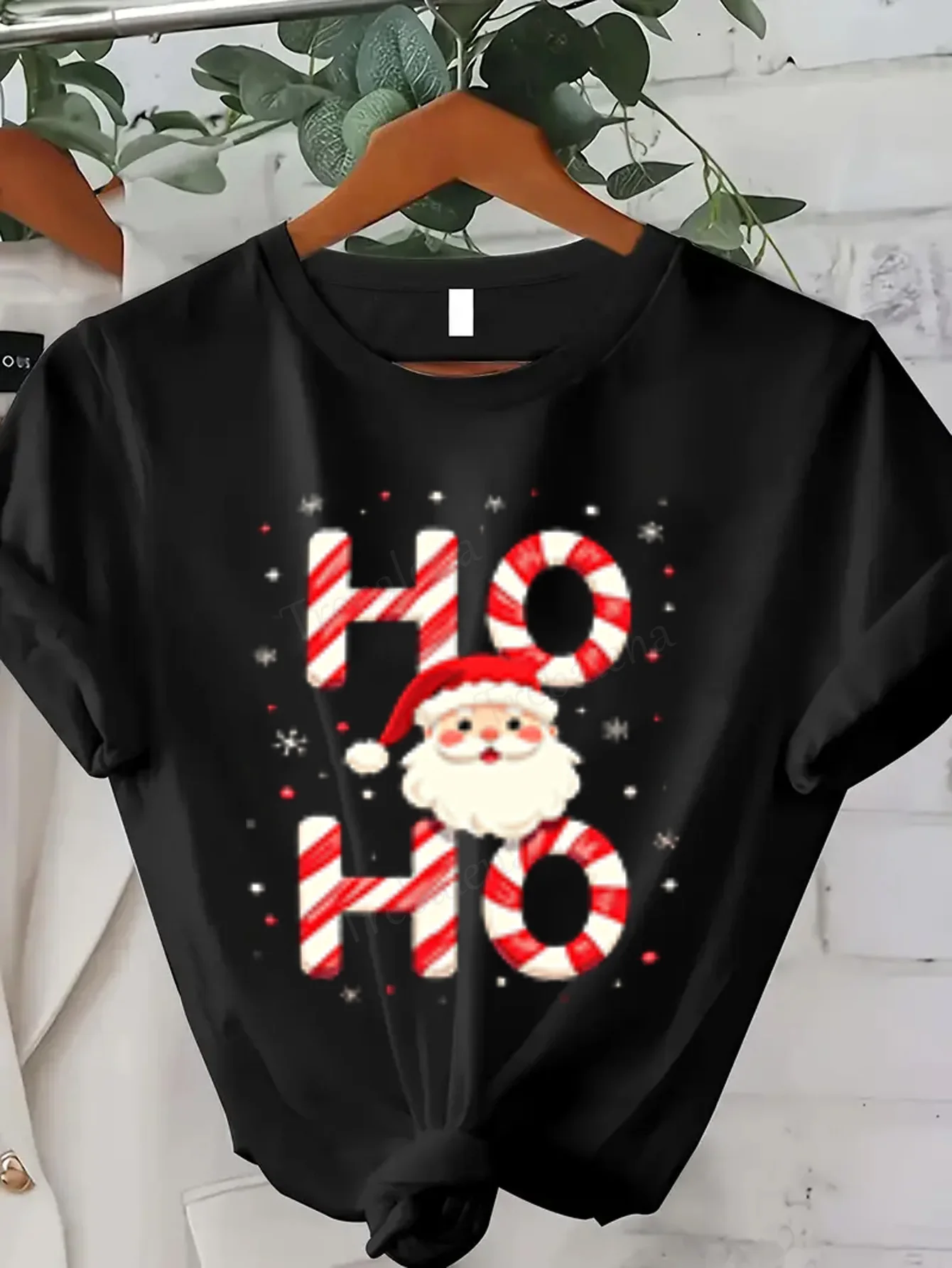 Damska koszulka świąteczna z motywem cukierkowej laski i Świętego Mikołaja z napisem Ho Ho Ho