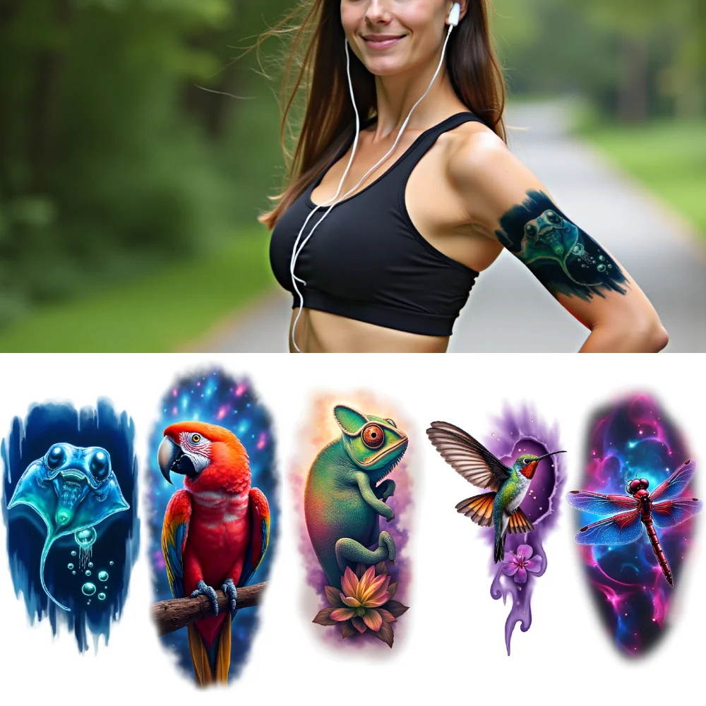 

3pcs Temporary Tattoo Hummingbird Waterproof Long-lasting Body Stickers Parrot Chameleon Colorful Realism Badger For Men