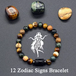 12 Zodiac Constellation Signs Bracelets for Men Women Tiger Eye Sparrow Picture Stone Beads Bracelet Virgo Charm Couple Jewelry